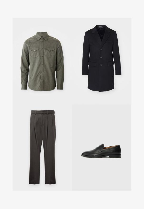 Cappotto di lana nera con rever a punta, design monopetto, cinque bottoni, due tasche anteriori e foderatura interna liscia.; Camicia verde a maniche lunghe con bottoni, realizzata in tessuto testurizzato. Presenta due taschini sul petto e un colletto a punta con dettagli a yoke in stile western.; Pantaloni grigi scuri realizzati in tessuto testurizzato, con fronte piatto, pince, gambe dritte e passanti per cintura. Nessuna ferramenta o motivo visibile.; Mocassino in pelle nera con punta arrotondata, dettagli cuciti sottili e tacco basso, caratterizzato da una texture liscia e un design minimalista.