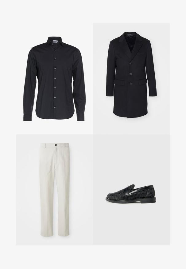 Schwarzer Wollmantel mit Reverskragen, einreihiger Knopfverschluss, fünf Knöpfe, zwei vordere Taschen und glatte Innenauskleidung.; Schwarzes Langarmshirt aus glattem Stoff. Verfügt über einen Button-Down-Kragen, eine vordere Knopfverschluss und ein dezentes Logo auf der Brust.; Beige gerade geschnittene Hose mit Gürtelschlaufen, vorderem Knopf und Reißverschluss, flach auf einem weißen Hintergrund präsentiert.; Schwarzer geflochtener Slipper mit einem glatten Lederakzent im Obermaterial, einem runden Zehendesign und einer flachen Gummisohle.