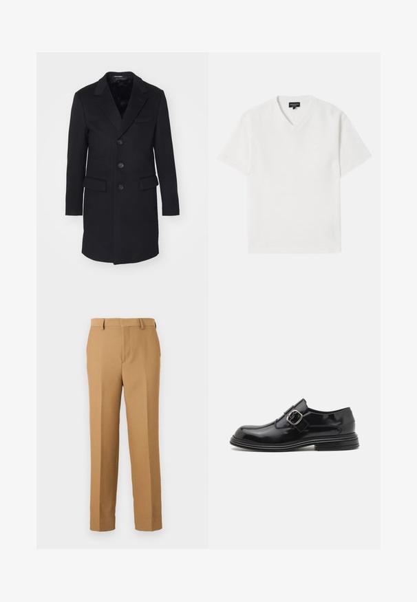 Black wool coat with a notched lapel, single-breasted design, five buttons, two front pockets, and smooth interior lining.; White short-sleeve V-neck t-shirt made from textured fabric with a subtle pattern. Features a small logo on the chest.; Beige dress pants made of woven fabric, featuring a straight cut, flat front, and belt loops. Smooth texture with no visible patterns.; The Antipode BROGUE - Slip-ons - black