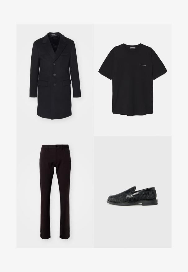 Black wool coat with a notched lapel, single-breasted design, five buttons, two front pockets, and smooth interior lining.; Black cotton T-shirt with a crew neck, short sleeves, and a white logo print on the left chest. Simple, solid color design.; Theory RAFFI NEOTERIC - Trousers - hickory; Black woven slip-on shoe with a smooth leather accent on the upper, a round toe design, and a low-profile rubber sole.