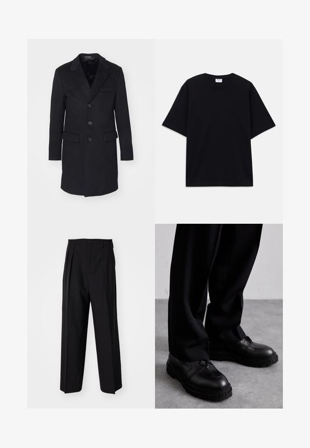 Fekete gyapjú kabát, kifordított hajtókával, egysoros fazon, öt gomb, két elülső zseb és sima belső bélés.; Fekete, rövid ujjú, oversize póló kerek nyakkivágással és látható Filippa K márkacédulával a gallér belső részén.; Fekete, pliszírozott nadrág, egyenes, széles lábakkal. Sima anyagból készült, gombos záródással és övhurkokkal rendelkezik.; Fekete bőr cipők, kerek orral, textúrált felsőrésszel, fűzős dizájnnal és vastag gumitalppal, amely kopásmintával rendelkezik. Fekete nadrággal viselve.