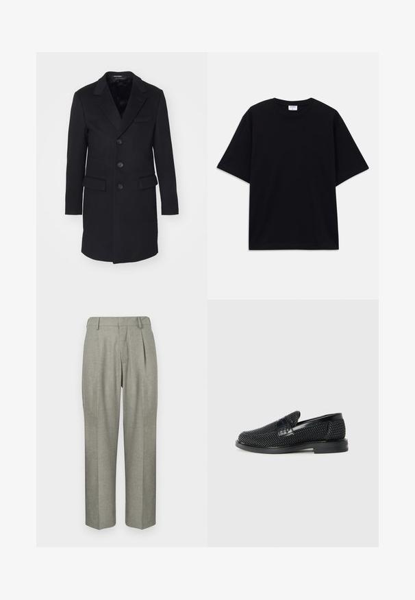 Manteau en laine noir avec un col cranté, design simple boutonné, cinq boutons, deux poches avant et doublure intérieure lisse.; T-shirt noir à manches courtes oversize avec un col rond et une étiquette de marque Filippa K visible à l'intérieur du col.; Pantalons gris clair en tissu texturé. Ils présentent une coupe droite, des plis à l'avant et une taille plate.; Chaussure slip-on tissée noire avec un accent en cuir lisse sur le dessus, un design à bout rond et une semelle en caoutchouc à profil bas.