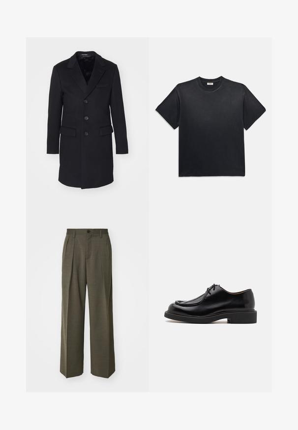Črn volnen plašč z zareznim ovratnikom, enorednim zapenjanjem, petimi gumbi, dvema sprednjima žepoma in gladkim notranjim podložkom.; Črna bombažna majica s kratkimi rokavi in okroglim izrezom. Ima sproščen kroj, gladko teksturo in minimalističen dizajn.; Filippa K WIDE TROUSERS - Hlače - driftwood; Črne usnjene čevlje z zaobljenim prstom, šivanim detajlom, minimalnimi vezalkami in debelim gumijastim podplatom za oprijem in trpežnost.