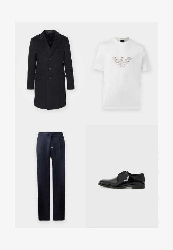 Zwarte wollen jas met een geknipt revers, enkelgeknoopte stijl, vijf knopen, twee voorkeuzes en een gladde binnenvoering.; Witte katoenen t-shirt met korte mouwen en een ronde hals. Heeft een centraal logo ontwerp in roze en bruine tinten.; Navyblauwe broek met een relaxte pasvorm, elastische tailleband en trekkoordsluiting. Voorzien van twee voorplooien en rechte benen zonder zakken.; Zwarte dress shoe met een gepolijste lakleren afwerking, ronde neus en externe stiksels. Heeft een lage hak en vetersluiting.