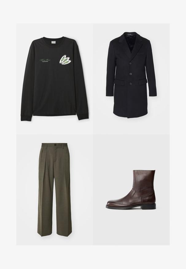 Black wool coat with a notched lapel, single-breasted design, five buttons, two front pockets, and smooth interior lining.; Black long-sleeve t-shirt made of cotton, featuring a graphic design of three white feathers with green and red accents on the left chest.; Filippa K WIDE TROUSERS - Trousers - driftwood; Brown leather ankle boots with a smooth texture, rounded toe, minimal stitching, and a flat black rubber sole.