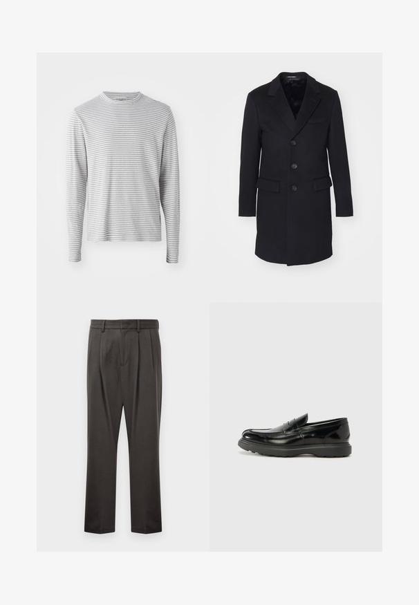 Black wool coat with a notched lapel, single-breasted design, five buttons, two front pockets, and smooth interior lining.; Long-sleeve shirt in light gray with thin horizontal stripes. Round neckline, soft fabric, and casual fit. No visible hardware or accents.; Dark gray trousers made from textured fabric, featuring a flat front, pleats, straight legs, and belt loops. No visible hardware or patterns.; Black leather loafer with a glossy finish, rounded toe, subtle stitching details, and a thick rubber sole for durability.