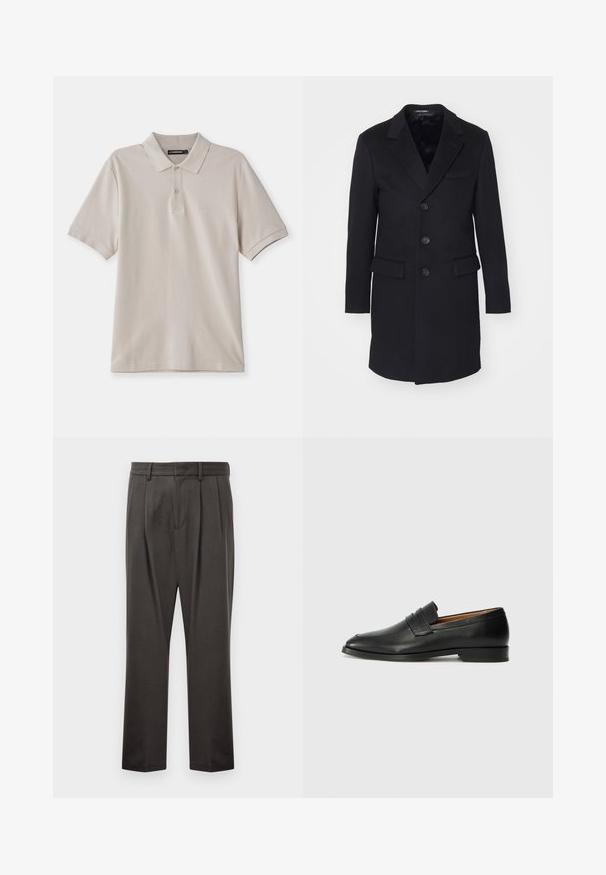 Čierny vlnený kabát s vykrojeným klopom, jednoradovým zapínaním, piatimi gombíkmi, dvoma prednými vreckami a hladkou podšívkou.; Béžová polokošeľa vyrobená z bavlny, s klasickým golierom, krátkymi rukávmi a jemne vyšitým logom na ľavej hrudi.; Tmavo sivé nohavice vyrobené z textúrovanej tkaniny, s plochým predným dielom, prešiami, rovným strihom a pútkami na opasok. Bez viditeľného kovania alebo vzorov.; Čierne kožené mokasíny s okrúhlou špičkou, jemným prešitím a nízkym podpätkom, s hladkou textúrou a minimalistickým dizajnom.