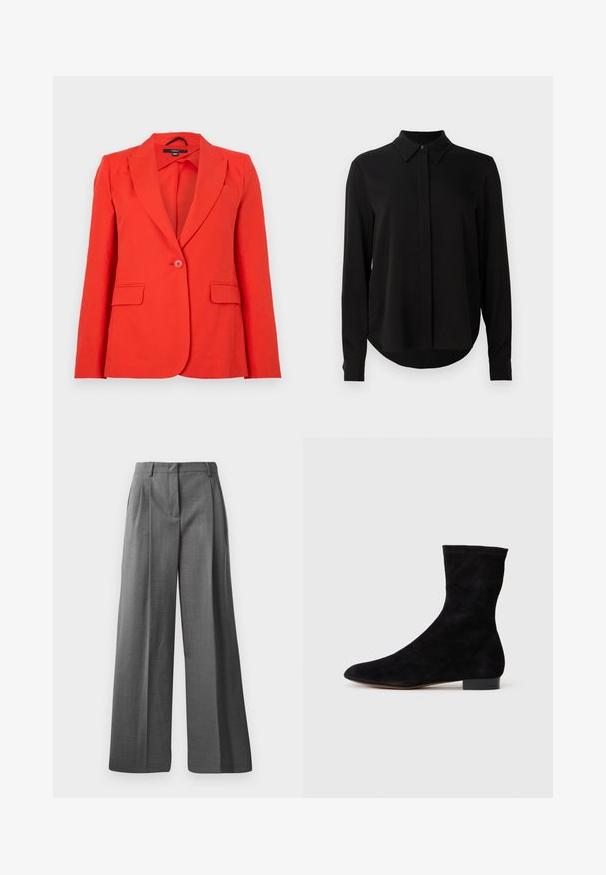 Punase ülikondjakk, mis on valmistatud sileda kangaga. Omab lõigatud krae, kahte esipakki, ühte nupulukkust ja kitsast disaini.; Mustmustärgne, pikkade varrukatega pluus terava kraega, varjatud nööpide ridadega ja kõverate servadega, valge tausta ees.; Hallid hallid lõdvad püksid, mis on valmistatud tekstuursetest kangast koos peene mustriga. Omavad ees pleeke ja vöökohaga, millel on rihma silmused.; Musthave mustan nahast pahkluu saabas, millel on kitsas vars, terav nina ja madal plokk-konts. Pehme tekstuur ja minimalistlik disain, sobib mitmekesiseks stiliseerimiseks.