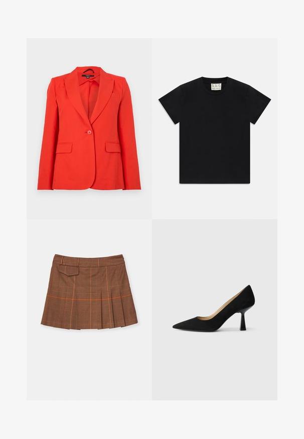 Sacou roșu croit, realizat dintr-un material neted. Prezintă rever cu ciucuri, două buzunare frontale, închidere cu un singur nasture și un design ajustat.; Tricou negru cu mânecă scurtă și guler rotund, având un etichetă albă în interiorul gulerului, inscripționată cu "D.R.C. EST. 2002" pe un fundal alb.; Fustă în carouri maro, cu un design plisat, accente portocalii și un buzunar lateral. Confecționată dintr-un material texturat, cu talie ajustată.; Pantofi stiletto negri din suede, cu vârf ascuțit, având un toc bloc lucios negru și o căptușeală interioară netedă.