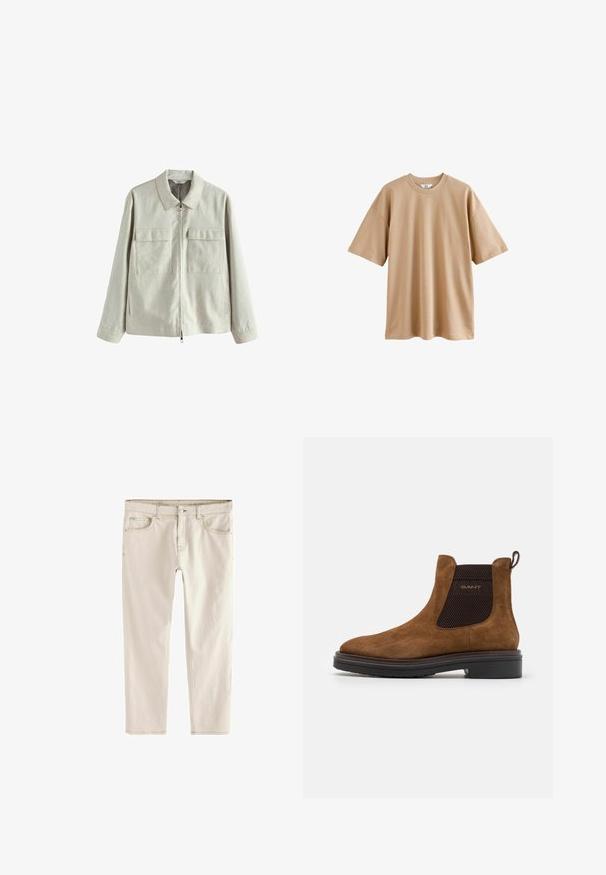 Svetlo siva jakna na zip iz teksturiranega materiala, z klasičnim ovratnikom, dvema žepoma na prsih in stranskimi razpoki za dodaten poudarek.; Bež majica s kratkimi rokavi, izdelana iz bombaža, z okroglo ovratnikom in sproščenim krojem, z gladko teksturo in brez vzorcev ali poudarkov.; Svetlo bež slim-fit jeans hlače s ravnimi nogavicami, petimi žepi, zapiranjem na gumb in zadrgo ter ojačanim šivanjem ob šivih.; Rjava nubuk ankel čevlja z zaobljenim prstom in elastičnimi stranskimi paneli. Ima črn teksturiran poudarek in zanko na zadnji strani. Črn podplat.
