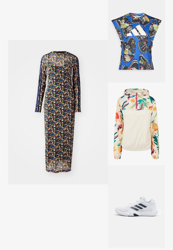 Jachetă pulover ușoară, din crem, cu un model floral în culori vibrante. Are un fermoar frontal, gluga și manșete elastice pentru o fixare sigură.; Rochie cu mânecă lungă din țesătură transparentă, cu un fundal bleumarin, având modele florale colorate și dungi laterale în nuanțe variate.; Cămașă albastră cu mânecă scurtă, decorată cu un imprimeu vibrant de fluturi în diverse culori, având un mare logo alb pe față și un guler rotund.; Adidași albi cu partea superioară din plasă, trei dungi negre pe lateral, accente texturate și o talpă din cauciuc solidă cu o secțiune contrastantă neagră.