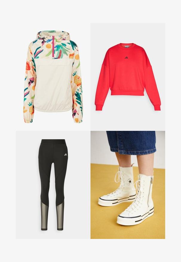 Lagani, krem pulover jakna s cvjetnim uzorkom u živim bojama. Ima prednji zip, kapuljaču i elastične manžete za sigurno prianjanje.; Crvena skraćena dukserica s okruglim izrezom i spuštenim ramenima. Sadrži mali crni Adidas logo na prsima. Glatka tekstura tkanine.; Crne atletske tajice s visokim strukom, sa mrežastim detaljima na donjim nogavicama i izvezenim logotipom na kuku.; Bijele visoke tenisice s patentnim zatvaračem, dizajnom vezica i crnim prugama na debelom đonu. Tekstilirani platneni materijal.