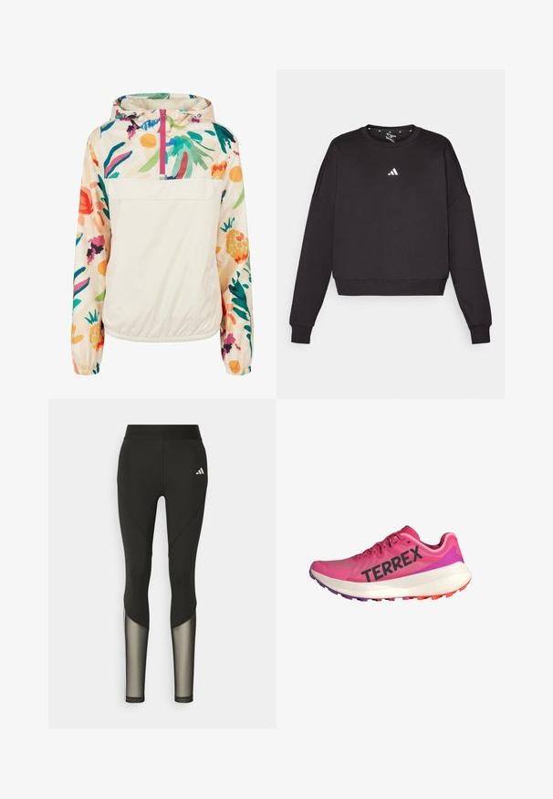 Jachetă pulover ușoară, din crem, cu un model floral în culori vibrante. Are un fermoar frontal, gluga și manșete elastice pentru o fixare sigură.; Hanorac negru cu mâneci lungi, decolteu rotund și tiv scurt. Prezintă un mic logo alb Adidas pe piept. Material moale.; Leggings negri pentru sport, cu talie înaltă, având accente din plasă pe picioare și un logo brodat pe șold.; Pantof sport roz cu branding "TERREX", partea superioară din plasă ușoară, talpă intermediară albă cu amortizare și talpă din cauciuc multicolor cu aderență.