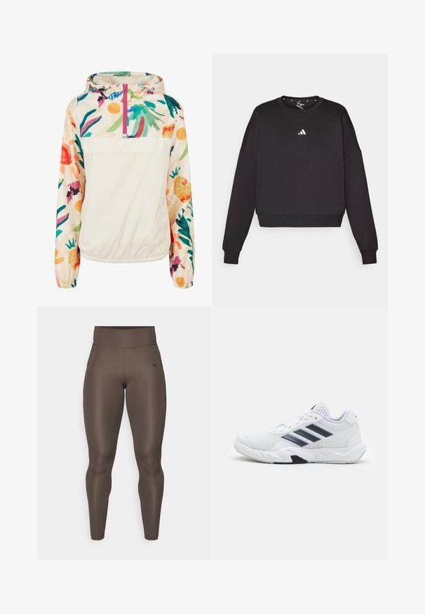 Chaqueta ligera de crema con un patrón floral en colores vibrantes. Presenta un cierre frontal, capucha y puños elásticos para un ajuste seguro.; Sudadera negra de manga larga, con escote redondo y dobladillo corto. Presenta un pequeño logo blanco de Adidas en el pecho. Material suave.; Leggings deportivos marrones con cintura alta, textura suave, bolsillo lateral y un sutil detalle de logo. Diseño ajustado para mayor comodidad y libertad de movimiento.; Zapatilla deportiva blanca con parte superior de malla, tres franjas negras a los lados, acentos texturizados y una suela de goma resistente con una sección negra en contraste.