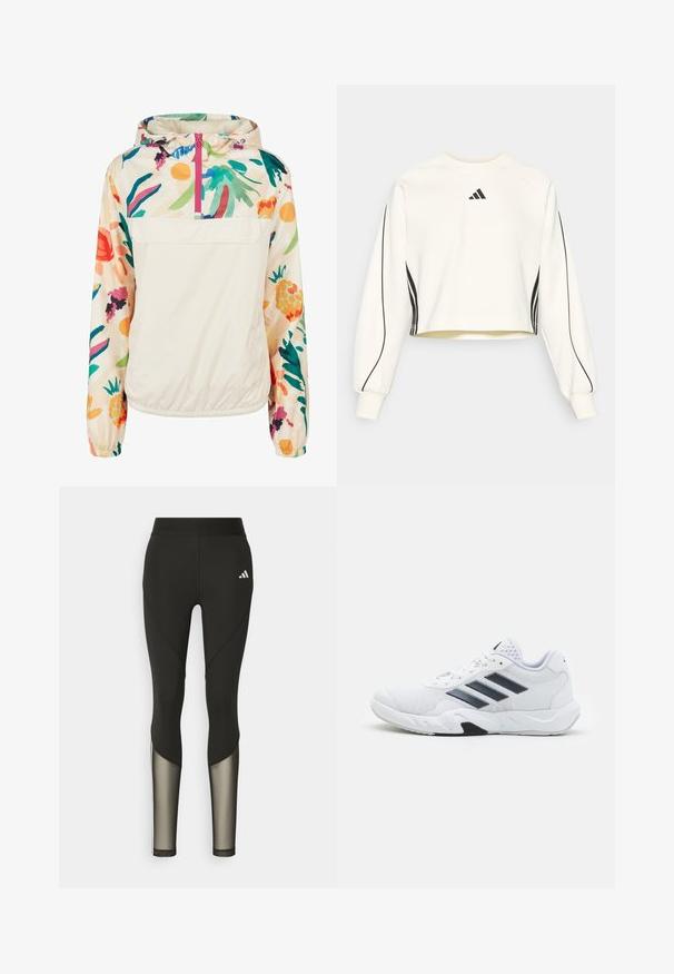 Lengvas, kreminės spalvos megztinis su gėlėmis ryškiomis spalvomis. Savybės: priekinis užtrauktukas, kapišonas ir elastingi rankogaliai, užtikrinantys tvirtą tinkamumą.; Baltas trumpas džemperis su ilgomis rankovėmis, turi juodas juostas šonuose ir mažą juodą logotipą ant krūtinės. Minkšta tekstūra.; Juodos sportinės legging'os su aukštu juosmeniu, turinčios tinklo akcentus apatiniuose šlaunų regionuose ir išsiuvinėtą logotipą ant klubų.; Baltas sportinis batelis su tinklelio viršumi, trimis juodomis juostelėmis šone, tekstūruotais akcentais ir tvirtu guminio pado su kontrastinga juoda dalimi.