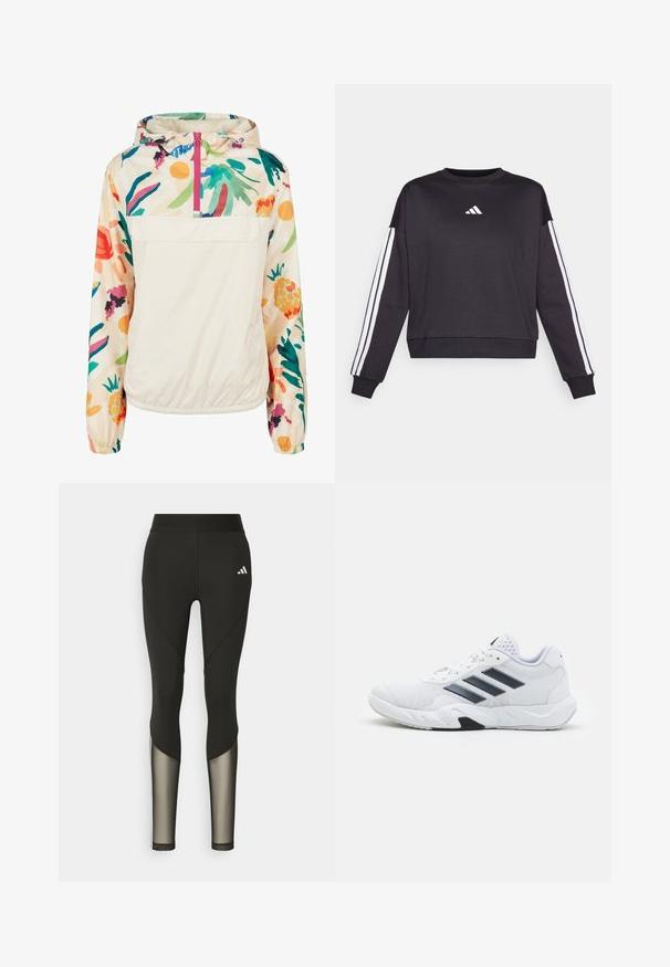 Lagani, krem pulover jakna s cvjetnim uzorkom u živim bojama. Ima prednji zip, kapuljaču i elastične manžete za sigurno prianjanje.; Crna dukserica dugih rukava, s bijelim Adidas logotipom na prsima i bijelim prugama niz svaku rukavu. Mekani materijal, okrugli izrez.; Crne atletske tajice s visokim strukom, sa mrežastim detaljima na donjim nogavicama i izvezenim logotipom na kuku.; Bijela atletska cipela s mrežastim gornjim dijelom, tri crne pruge sa strane, strukturirani detalji i čvrst gumeni potplat s kontrastnim crnim dijelom.