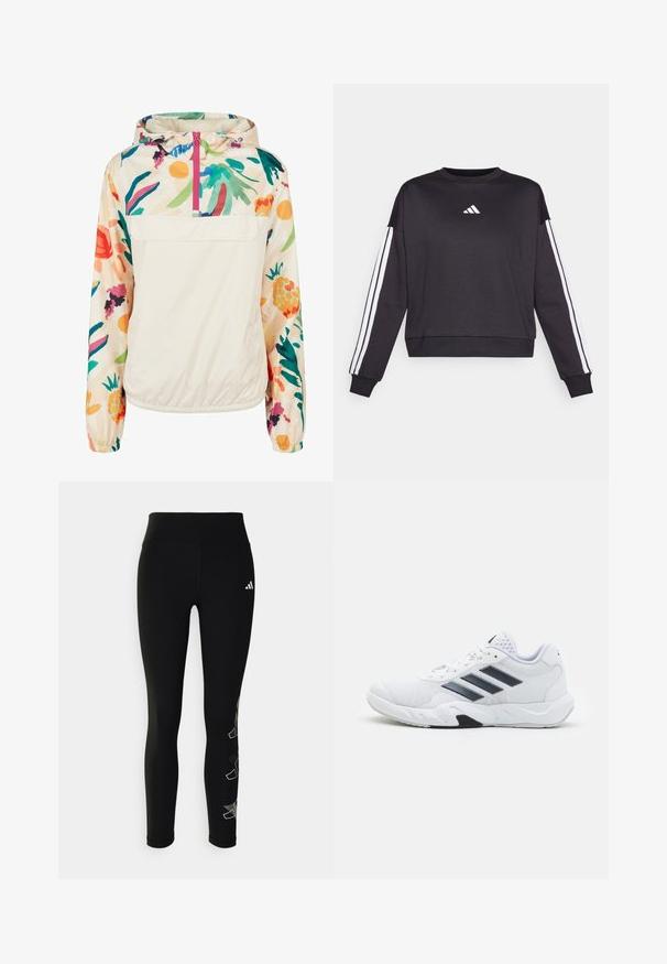 Gaišs, krēmkrāsas džemperis ar ziedu rakstu spilgtās krāsās. Iespējas ietver priekšējo rāvējslēdzēju, kapuci un elastīgas aproces drošai piegulšanai.; Melna sporta krekls ar garām piedurknēm, ar baltu Adidas logo uz krūšu daļas un baltām svītrām uz katras piedurknes. Mīksts audums, aplis kaklā.; Melni legingi, izgatavoti no elastīga materiāla, ar augstu jostasvietu un atstarotāju logotipu uz gurniem, kājā ar ģeometrisku akcenta dizainu.; Baltā sporta apavi ar sietu augšdaļu, trīs melnām svītrām sānos, teksturētām akcentiem un izturīgu gumijas zoli ar kontrastējošu melnu daļu.