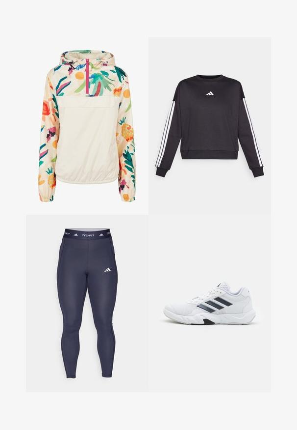 Könnyű, krémszínű pulóver dzseki élénk színekben pompázó virágmintával. Elöl cipzárral, kapucnival és elasztikus mandzsettákkal a biztonságos illeszkedés érdekében.; Fekete pulóver hosszú ujjú, elöl fehér Adidas logóval és fehér csíkokkal az ujjakon. Puha anyag, kerek nyakkivágás.; Sötétkék, testhezálló leggings rugalmas anyagból, kontrasztos fehér "TECHFIT" logóval és emblémával a derékrészen.; Fehér sportcipő, hálós felsőrésszel, az oldalon három fekete csíkkal, textúrázott részletekkel és egy tartós gumi talppal, amelynek ellentétes fekete szakasza van.