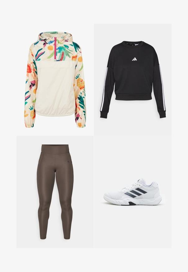 Giacca leggera a pullover in crema con un motivo floreale dai colori vivaci. Caratterizzata da una zip anteriore, cappuccio e polsini elastici per una vestibilità sicura.; Felpa nera con maniche lunghe, collo rotondo, logo Adidas bianco sul petto e strisce bianche lungo le maniche. Texture morbida.; Leggings atletici marroni con vita alta, texture liscia, tasca laterale e dettagli logo discreti. Design aderente per comfort e libertà di movimento.; Scarpa sportiva bianca con tomaia in mesh, tre strisce nere sui lati, dettagli testurizzati e una suola in gomma robusta con una sezione nera a contrasto.