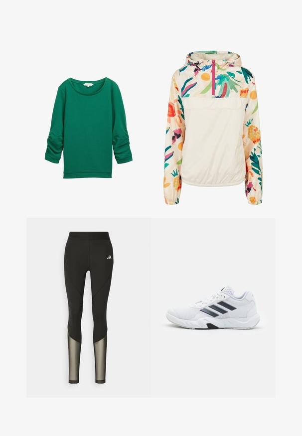 Lichtgewicht, crèmekleurige pulloverjack met een bloemenpatroon in levendige kleuren. Voorzien van een rits aan de voorkant, een capuchon en elastische manchetten voor een omsloten pasvorm.; Groene, gestructureerde sweatshirt met lange, gerimpelde mouwen, een ronde halslijn en geribbelde boorden. Kenmerkt zich door een gladde, zachte stofafwerking.; Zwarte sportleggings met een hoge tailleband, voorzien van meshaccenten op de onderbenen en een geborduurd logo op de heup.; Witte sportieve schoen met een bovenwerk van mesh, drie zwarte strepen aan de zijkant, gestructureerde accenten en een stevige rubberen zool met een contrasterend zwart gedeelte.