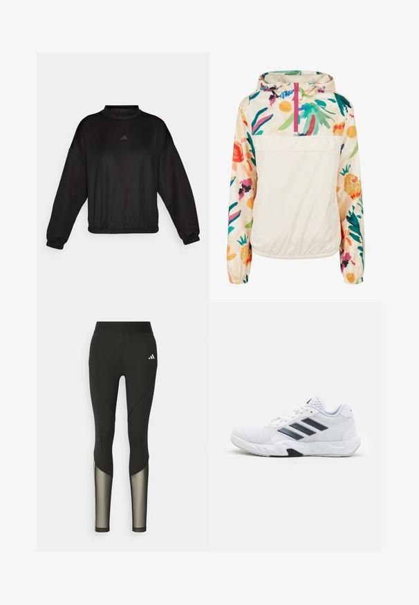 Chaqueta ligera de crema con un patrón floral en colores vibrantes. Presenta un cierre frontal, capucha y puños elásticos para un ajuste seguro.; Sudadera negra de manga larga con un cuello alto, cuenta con puños y dobladillo elásticos, hecha de una tela suave, adornada con un logotipo sutil en el pecho.; Leggings deportivos negros con una cintura alta, que presentan detalles de malla en las piernas inferiores y un logo bordado en la cadera.; Zapatilla deportiva blanca con parte superior de malla, tres franjas negras a los lados, acentos texturizados y una suela de goma resistente con una sección negra en contraste.