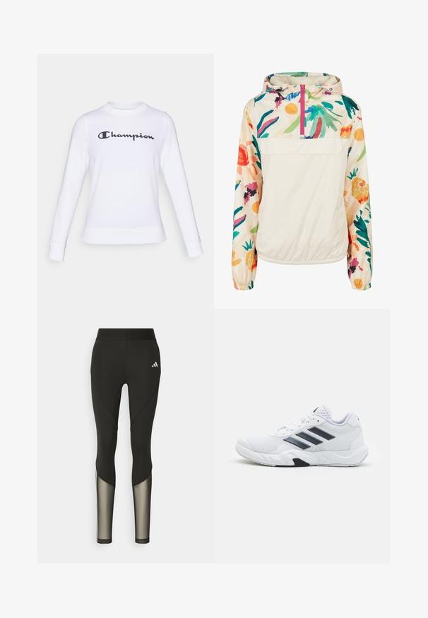 Lightweight, cream pullover jacket with a floral pattern in vibrant colors. Features a front zip, hood, and elastic cuffs for a secure fit.; White sweatshirt made of cotton with long sleeves, crew neck, and a black "Champion" logo across the chest. Features ribbed cuffs and hem.; Black athletic leggings with a high waistband, featuring mesh accents on the lower legs and an embroidered logo on the hip.; White athletic shoe with mesh upper, three black stripes on the side, textured accents, and a sturdy rubber sole with a contrasting black section.