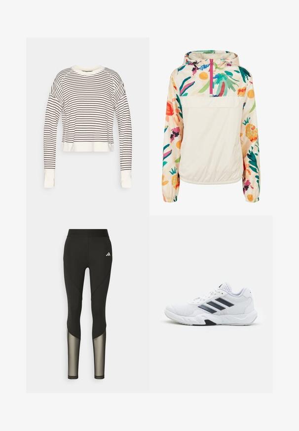 Letvægts, cremet pullover-jakke med et blomsterdesign i strålende farver. Har en lynlås foran, hætte og elastiske manchetter for en sikker pasform.; Beskåret langærmet top i creme med mørkebrune vandrette striber. Har en rund halsudskæring og tætsiddende manchetter. Blød stofstruktur.; Sorte atletiske leggings med høj talje, der har mesh-detaljer nederst på benene og et broderet logo på hoften.; Hvid atletisk sko med mesh-overdel, tre sorte striber på siden, strukturerede accenter og en robust gummisål med et kontrasterende sort område.