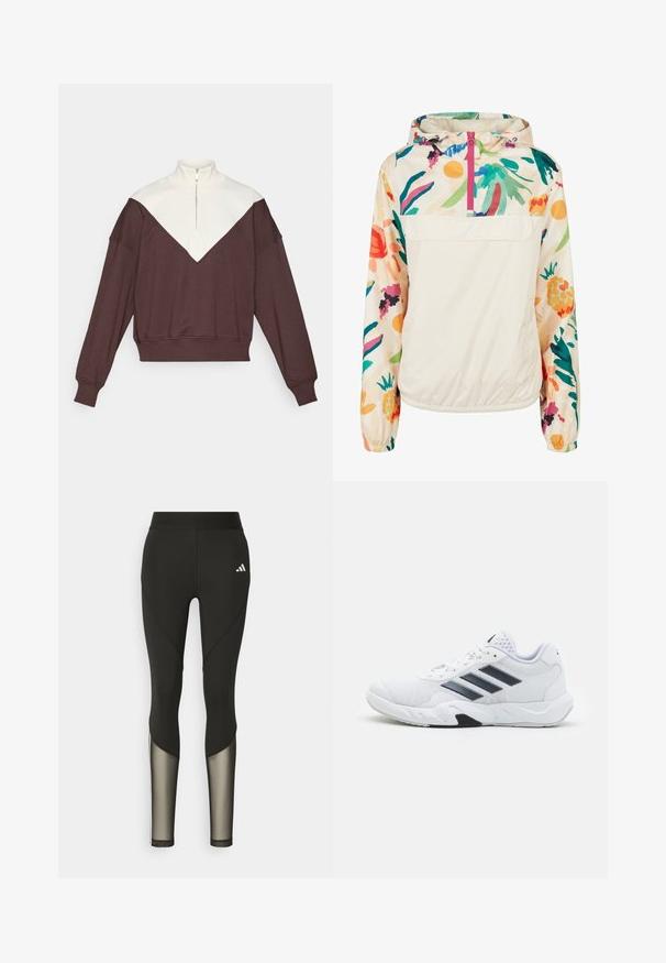 Giacca leggera a pullover in crema con un motivo floreale dai colori vivaci. Caratterizzata da una zip anteriore, cappuccio e polsini elastici per una vestibilità sicura.; Pullover con zip a metà marrone e crema, caratterizzato da un design a blocchi di colore a forma di V, polsini a coste e una texture morbida.; Leggings sportivi neri con vita alta, dotati di inserti in rete sulla parte inferiore delle gambe e di un logo ricamato sull'anca.; Scarpa sportiva bianca con tomaia in mesh, tre strisce nere sui lati, dettagli testurizzati e una suola in gomma robusta con una sezione nera a contrasto.