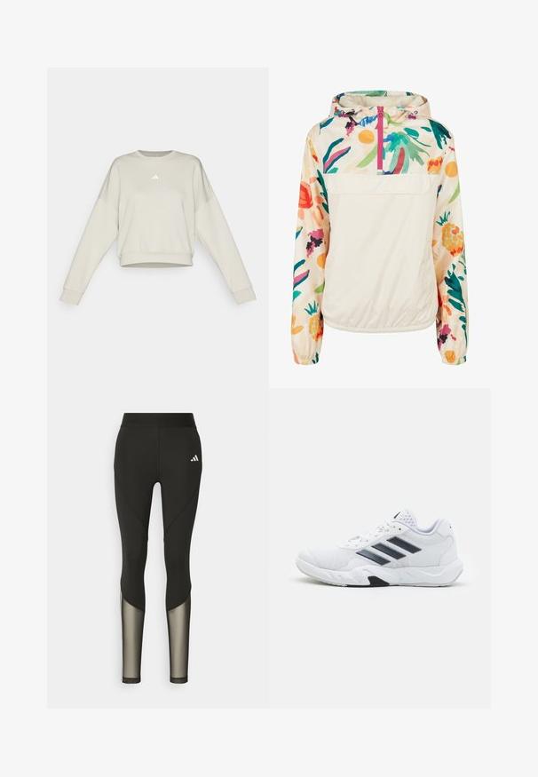 Lätt, krämfärgad pullover-jacka med blommönster i livliga färger. Har en framzip, huva och elastiska ärmslut för en säker passform.; Beskuren ljusbeige sweatshirt med långa ärmar, ribbade muddar och rund halsringning. Har en liten vit logotyp på bröstet.; Svarta sportleggings med hög midja, som har meshdetaljer på underbenen och en broderad logga vid höften.; Vit sportskor med mesh-överdel, tre svarta ränder på sidan, texturerade detaljer och en stadig gummisula med en kontrasterande svart del.