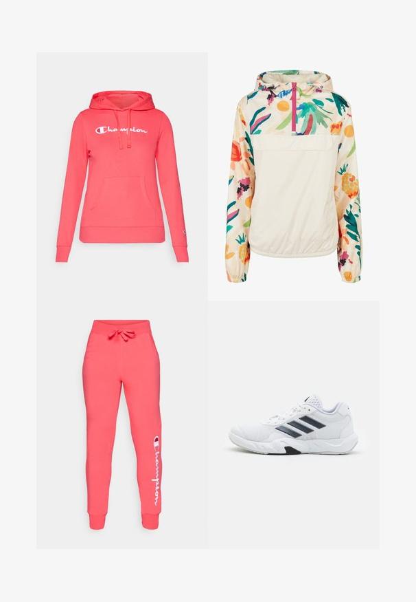 Kevyt, kerma värinen pullover-takki, jossa on kirkkaanvärinen kukkakuosi. Varustettu edessä olevalla vetoketjulla, hupulla ja elastisilla hihansuilla, jotka takaavat mukavan istuvuuden.; Koralli vaaleanpunainen huppari, puuvillamateriaali, edessä kenguru-tasku, valkoinen "Champion"-logo, säädettävä nyörihuppu, pitkät hihat, ribatut hihansuut.; Koralli-coloured collegehousut, joissa on nauhavyötärö, joustavat hihanpäälliset ja valkoinen "Champion"-logo sivussa, valmistettu pehmeästä, joustavasta kankaasta.; Valkoiset urheilukengät, joissa on verkkomateriaali päällisessä, kolme mustaa raitaa sivussa, teksturoidut yksityiskohdat ja kestävä kumipohja, jossa on kontrastina musta osa.