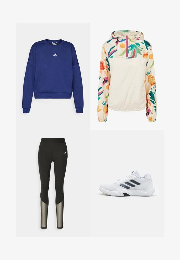 Gaišs, krēmkrāsas džemperis ar ziedu rakstu spilgtās krāsās. Iespējas ietver priekšējo rāvējslēdzēju, kapuci un elastīgas aproces drošai piegulšanai.; adidas Sportswear Ikdienas džemperis - dark blue/white; Melna sporta leggingi ar augstu jostasvietu, kas ar tīkla akcentiem apakšējās kājās un iešūtu logo gurnā.; Baltā sporta apavi ar sietu augšdaļu, trīs melnām svītrām sānos, teksturētām akcentiem un izturīgu gumijas zoli ar kontrastējošu melnu daļu.