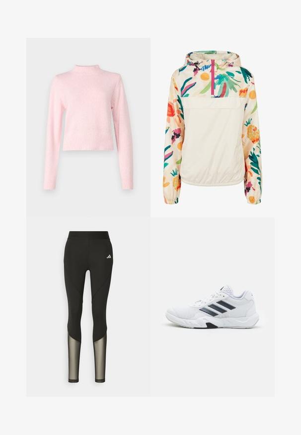 Lahki, kremni pulover jakna s cvetličnim vzorcem v živih barvah. Ima sprednji zadrgo, kapuco in elastične manšete za varen oprijem.; Svetlo roza pulover z visokim ovratnikom in dolgimi rokavi. Izdelan iz mehkega materiala, z rebrastim robom in manšetami za oprijet videz.; Črne športne legice z visokim pasom, ki imajo mrežaste detajle na spodnjem delu nogavic in vezeno logotip na boki.; Bela atletska čevlja z mrežastim zgornjim delom, tremi črnimi črtami na strani, teksturiranimi dodatki in trdim gumijastim podplatom z kontrastnim črnim delom.