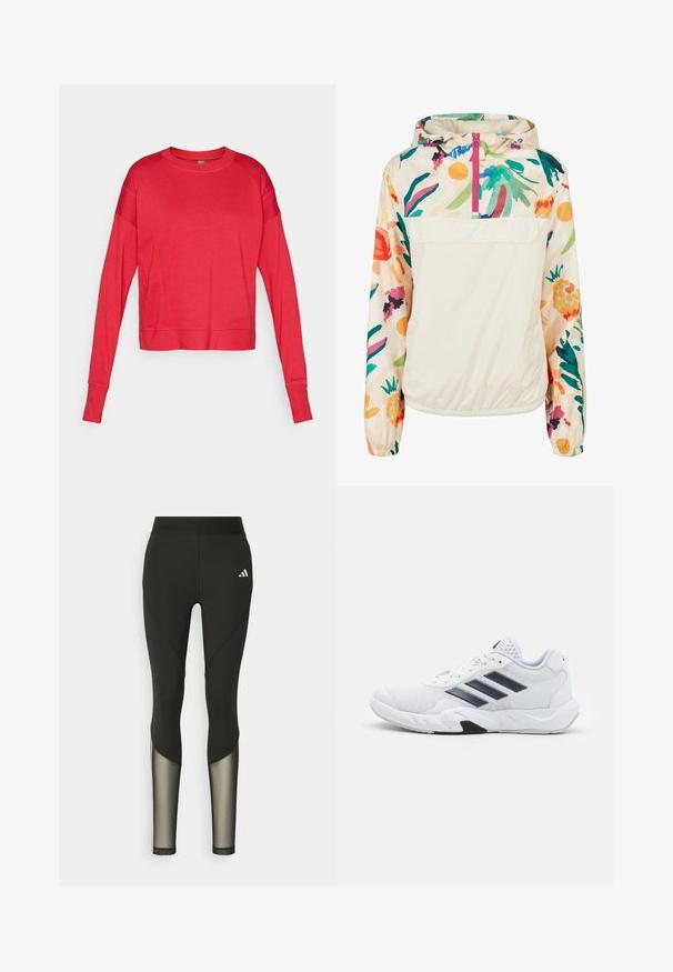 Chaqueta ligera de crema con un patrón floral en colores vibrantes. Presenta un cierre frontal, capucha y puños elásticos para un ajuste seguro.; Sudadera roja de manga larga y cuello redondo, hecha de tejido suave con mangas raglán, costuras planas y una silueta relajada. Sin marcas visibles.; Leggings deportivos negros con una cintura alta, que presentan detalles de malla en las piernas inferiores y un logo bordado en la cadera.; Zapatilla deportiva blanca con parte superior de malla, tres franjas negras a los lados, acentos texturizados y una suela de goma resistente con una sección negra en contraste.