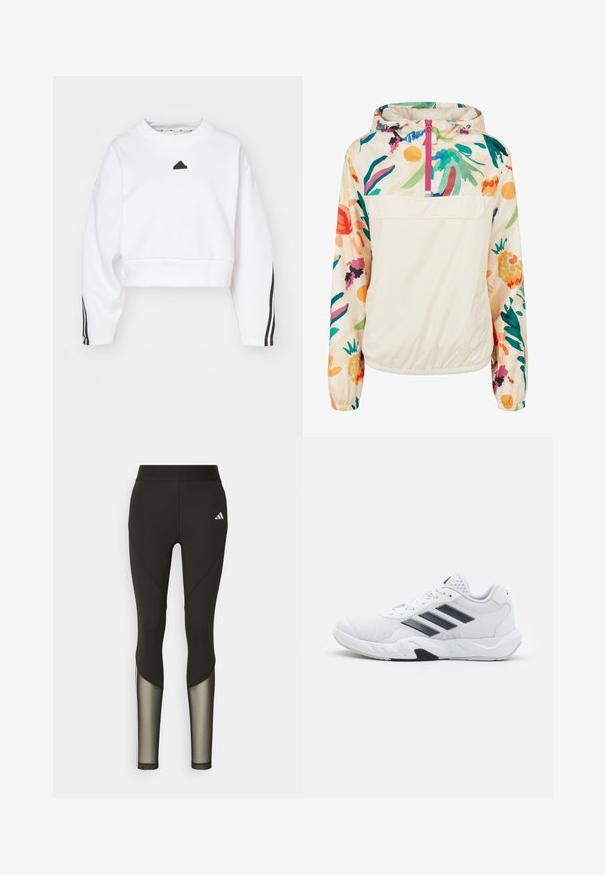Lichtgewicht, crèmekleurige pulloverjack met een bloemenpatroon in levendige kleuren. Voorzien van een rits aan de voorkant, een capuchon en elastische manchetten voor een omsloten pasvorm.; adidas Sportswear FUTURE ICONS THREE STRIPES - Sweater - white; Zwarte sportleggings met een hoge tailleband, voorzien van meshaccenten op de onderbenen en een geborduurd logo op de heup.; Witte sportieve schoen met een bovenwerk van mesh, drie zwarte strepen aan de zijkant, gestructureerde accenten en een stevige rubberen zool met een contrasterend zwart gedeelte.