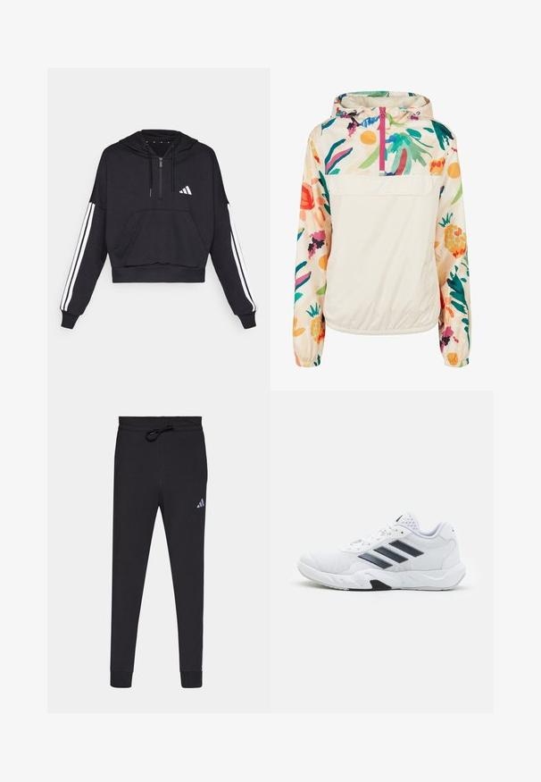 Gaišs, krēmkrāsas džemperis ar ziedu rakstu spilgtās krāsās. Iespējas ietver priekšējo rāvējslēdzēju, kapuci un elastīgas aproces drošai piegulšanai.; Melnā īsā kapuci izgatavota no mīksta auduma, ar priekšējo kabatu, rāvējslēdzēju un baltajām svītrām gar piedurknēm un logo uz krūtīm.; Melnas sporta bikses, kas izgatavotas no mīksta auduma, ar regulējamu jostasvietu, sašaurinātiem galiem un nelielu baltu Adidas logotipu kreisajā augšstilbā.; Baltā sporta apavi ar sietu augšdaļu, trīs melnām svītrām sānos, teksturētām akcentiem un izturīgu gumijas zoli ar kontrastējošu melnu daļu.