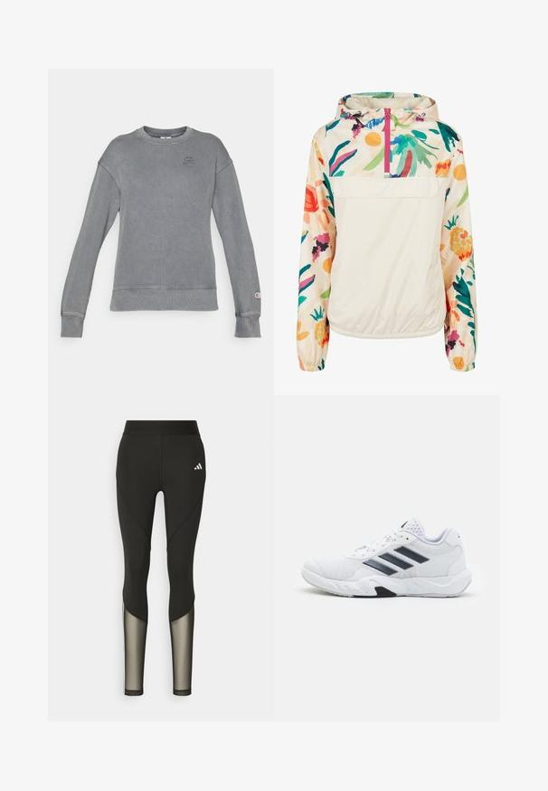 Lett, kremfarget genserjakke med blomsterpr mønster i livlige farger. Har glidelås foran, hette og elastiske mansjetter for en sikker passform.; Grå ribbestrikket hettegenser med lange ermer, rund halsutskjæring, og logo på brystet. Den har cuffs og nederkant med en glatt finish.; Sorte treningsbukser med høy midje, med mesh-detaljer på nedre ben og brodert logo på hoften.; Hvit sportsko med mesh-overdel, tre svarte striper på siden, teksturerte detaljer og en solid gummisåle med en kontrasterende svart seksjon.
