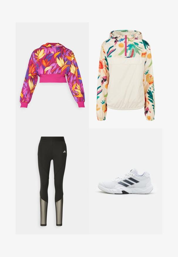 Könnyű, krémszínű pulóver dzseki élénk színekben pompázó virágmintával. Elöl cipzárral, kapucnival és elasztikus mandzsettákkal a biztonságos illeszkedés érdekében.; Rövidített kapucnis pulóver élénk virágmintákkal rózsaszín, narancs, sárga és lila színben. Bordás mandzsetták és szegély, állítható kapucnis kialakítással.; Fekete sport leggings, magas derékkal, hálós díszítéssel az alsó lábszárakon és hímzett logóval a csípőn.; Fehér sportcipő, hálós felsőrésszel, az oldalon három fekete csíkkal, textúrázott részletekkel és egy tartós gumi talppal, amelynek ellentétes fekete szakasza van.