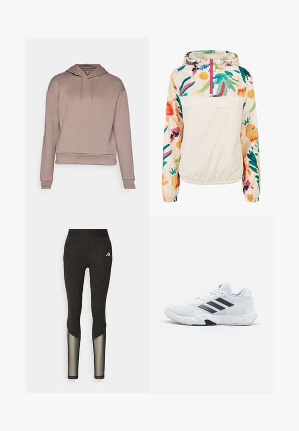 Jachetă pulover ușoară, din crem, cu un model floral în culori vibrante. Are un fermoar frontal, gluga și manșete elastice pentru o fixare sigură.; Hanorac cu glugă din țesătură bej deschis, având o croială lejeră, șnur pentru ajustare, manșete ribbate și un logo imprimat aproape de tiv.; Leggings negri pentru sport, cu talie înaltă, având accente din plasă pe picioare și un logo brodat pe șold.; Adidași albi cu partea superioară din plasă, trei dungi negre pe lateral, accente texturate și o talpă din cauciuc solidă cu o secțiune contrastantă neagră.