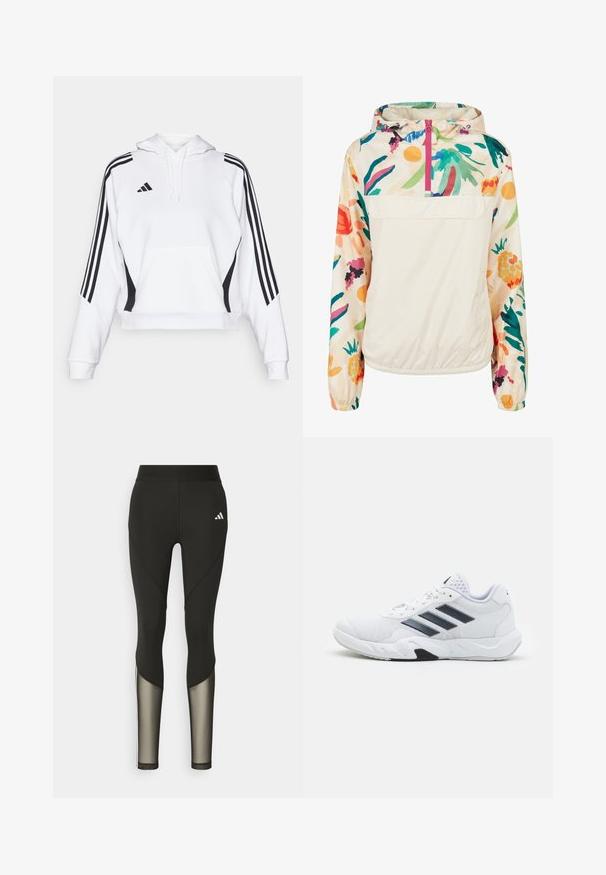 Letvægts, cremet pullover-jakke med et blomsterdesign i strålende farver. Har en lynlås foran, hætte og elastiske manchetter for en sikker pasform.; Hvid cropped hoodie med en frontlomme, sorte sideacabler og tre vertikale sorte striber på hverærme. Justerbar snøre i hætten.; Sorte atletiske leggings med høj talje, der har mesh-detaljer nederst på benene og et broderet logo på hoften.; Hvid atletisk sko med mesh-overdel, tre sorte striber på siden, strukturerede accenter og en robust gummisål med et kontrasterende sort område.