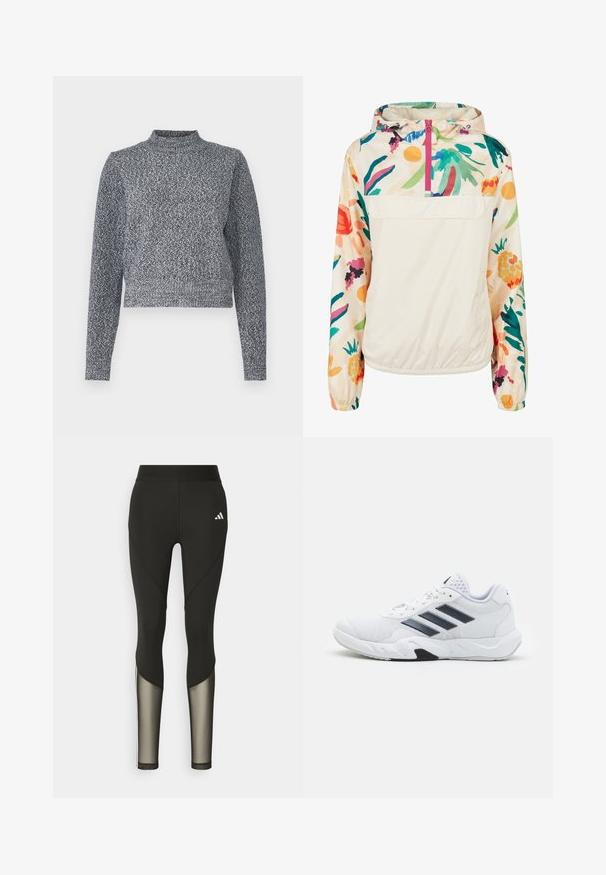 Giacca leggera a pullover in crema con un motivo floreale dai colori vivaci. Caratterizzata da una zip anteriore, cappuccio e polsini elastici per una vestibilità sicura.; Maglione a maglia blu navy e bianco con collo alto, maniche lunghe e vestibilità cropped; presenta un design testurizzato e punteggiato.; Leggings sportivi neri con vita alta, dotati di inserti in rete sulla parte inferiore delle gambe e di un logo ricamato sull'anca.; Scarpa sportiva bianca con tomaia in mesh, tre strisce nere sui lati, dettagli testurizzati e una suola in gomma robusta con una sezione nera a contrasto.