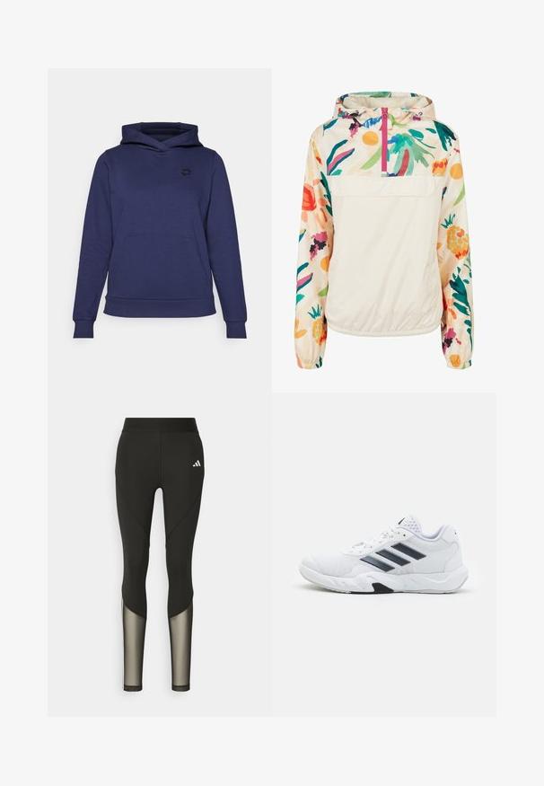 Ľahká, krémová puloverová bunda s kvetinovým vzorom v živých farbách. Obsahuje predný zips, kapucňu a elastické manžety pre bezpečné uchytenie.; Námornícky modrá mikina s kapucňou vyrobená z mäkkej tkaniny, s prednou klokankou, lemovanými manžetami a malým logom na hrudníku.; Čierne atletické legíny s vysokým pásom, ktoré majú sieťové akcenty na dolných nohách a vyšívané logo na bokoch.; Biele športové topánky s ventilovaným vrchom, tromi čiernymi pruhmi po stranách, textúrovanými akcentmi a pevným gumovým podošvom s kontrastnou čiernou časťou.
