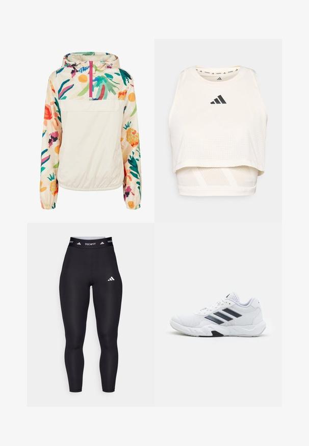 Veste à capuche légère en crème avec un motif floral aux couleurs vives. Elle dispose d'une fermeture éclair à l'avant et de poignets élastiques pour un ajustement sécurisé.; Débardeur court sportif blanc en tissu respirant. Présente un col rond, une texture perforée et un logo noir sur le devant.; Leggings BlackTechfit avec une taille haute, en tissu lisse, arborant un logo Adidas blanc et une marque le long de la taille.; Baskets blanches avec une tige en maille, trois rayures noires sur le côté, des accents texturés et une semelle en caoutchouc robuste avec une section noire contrastante.