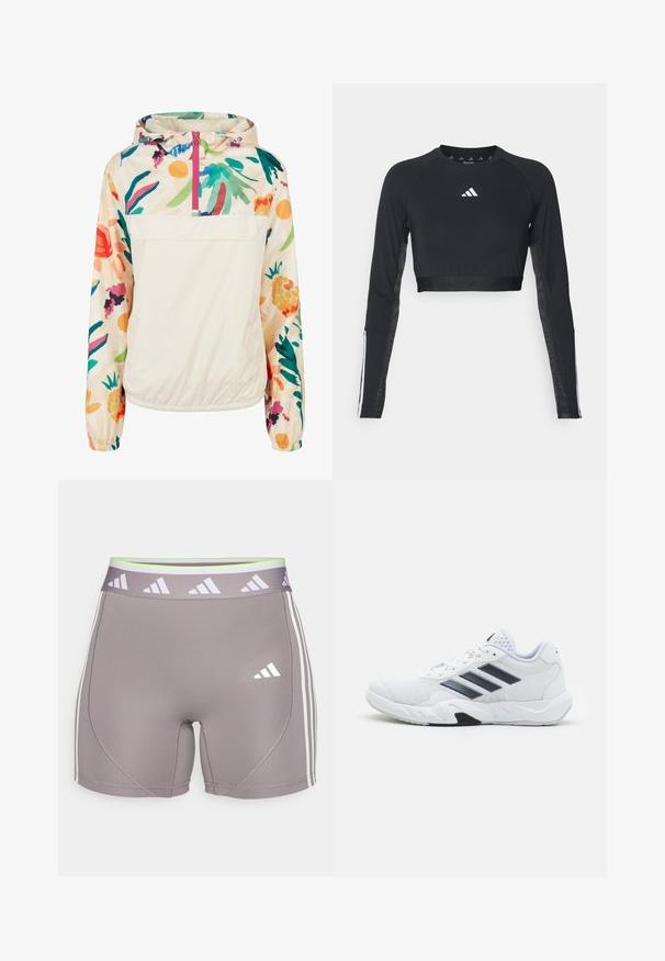 Lätt, krämfärgad pullover-jacka med blommönster i livliga färger. Har en framzip, huva och elastiska ärmslut för en säker passform.; Svart kortärmad träningsoverdel med lång ärm, tillverkad av mjukt tyg. Har en vit logotyp på bröstet och randiga detaljer på ärmarna.; Grå atletiska shorts med en åtsittande design, vit märkesmidja och tre vita ränder på varje sida. Tillverkade av ett glansigt, stretchigt material.; Vit sportskor med mesh-överdel, tre svarta ränder på sidan, texturerade detaljer och en stadig gummisula med en kontrasterande svart del.