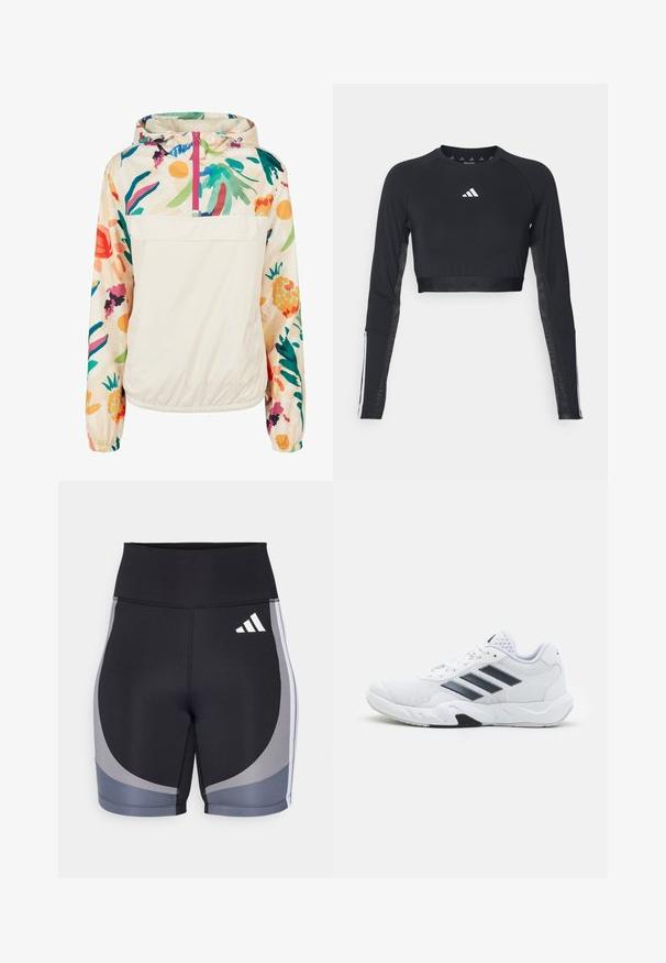 Chaqueta ligera de crema con un patrón floral en colores vibrantes. Presenta un cierre frontal, capucha y puños elásticos para un ajuste seguro.; Top de entrenamiento negro recortado de manga larga hecho de una tela suave. Presenta un logo blanco en el pecho y acentos a rayas en las mangas.; Shorts deportivos negros con detalles grises. Hechos de un material elástico, con una cinturilla alta y un diseño de panel lateral que incluye un logotipo de la marca en blanco.; Zapatilla deportiva blanca con parte superior de malla, tres franjas negras a los lados, acentos texturizados y una suela de goma resistente con una sección negra en contraste.