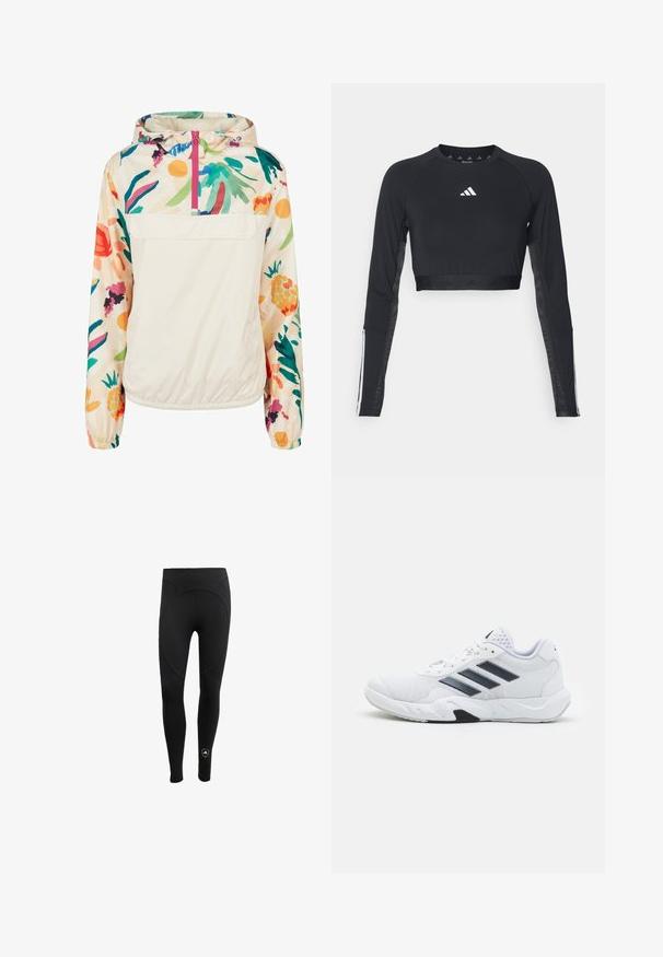 Lengvas, kreminės spalvos megztinis su gėlėmis ryškiomis spalvomis. Savybės: priekinis užtrauktukas, kapišonas ir elastingi rankogaliai, užtikrinantys tvirtą tinkamumą.; Juodas trumpas ilgomis rankovėmis treniruočių marškinėliai, pagaminti iš lygaus audinio. Apdailos ant krūtinės balta logotipas ir juostelės akcentai ant rankovių.; Moteriškos juodos legging'ės, pagamintos iš tamprios medžiagos, su aukštu liemeniu ir besiūle konstrukcija, turinčios apvalią nugaros panelę ir logotipo detalę.; Baltas sportinis batelis su tinklelio viršumi, trimis juodomis juostelėmis šone, tekstūruotais akcentais ir tvirtu guminio pado su kontrastinga juoda dalimi.