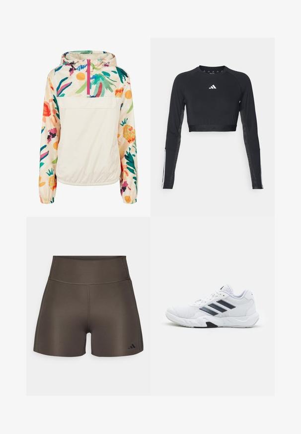Giacca leggera a pullover in crema con un motivo floreale dai colori vivaci. Caratterizzata da una zip anteriore, cappuccio e polsini elastici per una vestibilità sicura.; Top da allenamento nero a maniche lunghe e cropped realizzato in tessuto morbido. Presenta un logo bianco sul petto e accenti a righe sulle maniche.; adidas Performance OPTIME RAW CUT HEM - Leggings - shadow olive; Scarpa sportiva bianca con tomaia in mesh, tre strisce nere sui lati, dettagli testurizzati e una suola in gomma robusta con una sezione nera a contrasto.