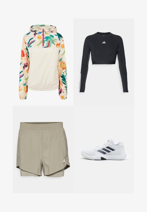 Chaqueta ligera de crema con un patrón floral en colores vibrantes. Presenta un cierre frontal, capucha y puños elásticos para un ajuste seguro.; Top de entrenamiento negro recortado de manga larga hecho de una tela suave. Presenta un logo blanco en el pecho y acentos a rayas en las mangas.; adidas Performance W MIN 2IN1 SHO - Pantalón corto de deporte - silver pebble; Zapatilla deportiva blanca con parte superior de malla, tres franjas negras a los lados, acentos texturizados y una suela de goma resistente con una sección negra en contraste.