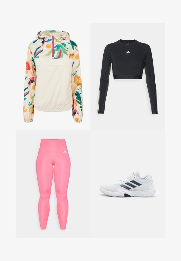 Leichter, cremefarbener Pullover-Jacke mit einem blumigen Muster in lebendigen Farben. Verfügt über einen Frontreißverschluss, eine Kapuze und elastische Bündchen für einen sicheren Sitz.; Schwarzes, verkürztes Langarm-Workout-Oberteil aus glattem Material. Mit einem weißen Logo auf der Brust und gestreiften Akzenten an den Ärmeln.; Rosa High-Waist-Leggings mit glattem, glänzendem Material. Verfügt über das Drei-Streifen-Branding in Weiß auf der linken Seite. Elastischer Bund.; Weißer Sportschuh mit Mesh-Obermaterial, drei schwarzen Streifen an der Seite, strukturierten Akzenten und einer robusten Gummisohle mit einem kontrastierenden schwarzen Bereich.