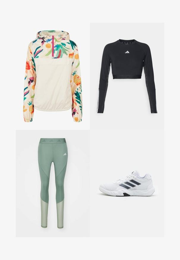 Lagani, krem pulover jakna s cvjetnim uzorkom u živim bojama. Ima prednji zip, kapuljaču i elastične manžete za sigurno prianjanje.; Crni skraćeni dugosleevetop za vježbanje izrađen od glatke tkanine. Ima bijeli logo na prsima i prugaste detalje na rukavima.; Zelene atletske tajice s visokim strukom, s glatkom teksturom, dizajnom panela i bijelim logotipom sprijeda.; Bijela atletska cipela s mrežastim gornjim dijelom, tri crne pruge sa strane, strukturirani detalji i čvrst gumeni potplat s kontrastnim crnim dijelom.