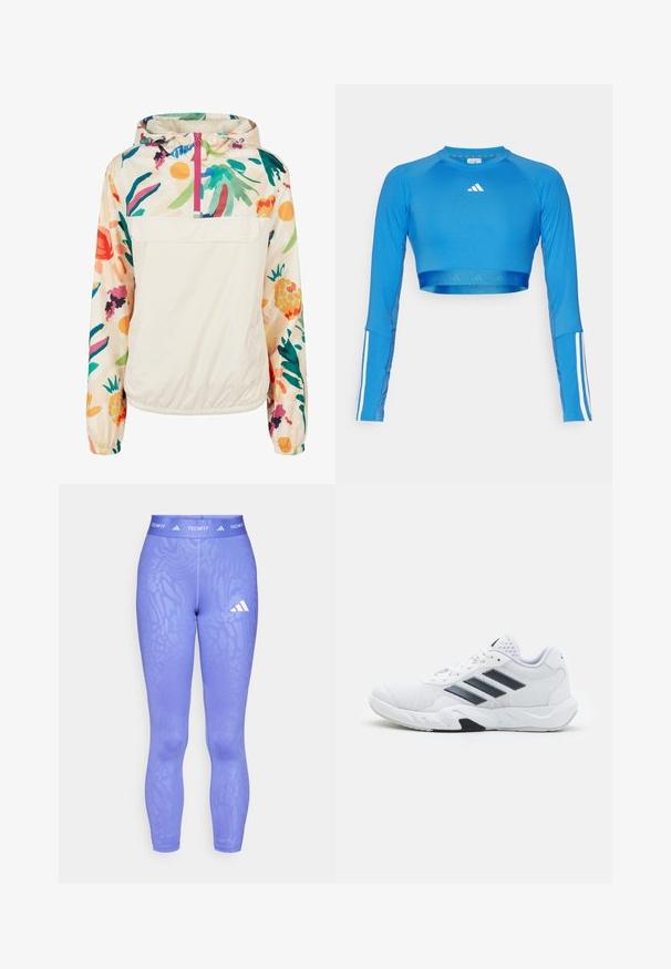 Jachetă pulover ușoară, din crem, cu un model floral în culori vibrante. Are un fermoar frontal, gluga și manșete elastice pentru o fixare sigură.; Top sportiv croppat, cu maneca lunga, de culoare albastra, realizat dintr-un material neted, cu detalii albe pe maneci si un mic logo pe piept.; Leggings mov elastic de culoare mov, realizate dintr-un material texturat cu un design patterned, având o talie largă cu inscriptionarea "TECHFIT" și un accent cu logo alb.; Adidași albi cu partea superioară din plasă, trei dungi negre pe lateral, accente texturate și o talpă din cauciuc solidă cu o secțiune contrastantă neagră.